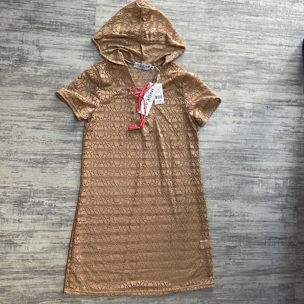 NWT Ingear Resort Hooded Lace Swim Cover Up Dress Taupe
